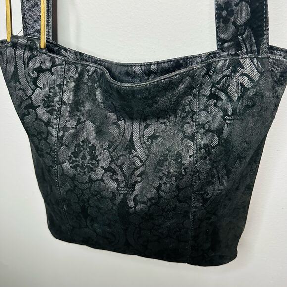 Genuine Leather Gold Zip Black Floral Design Crossbody Strap Bag - Picture 7 of 13